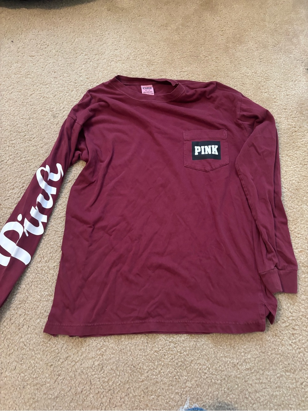PINK Victoria's Secret Long-Sleeve Pocket Tee in Maroon with White Logo